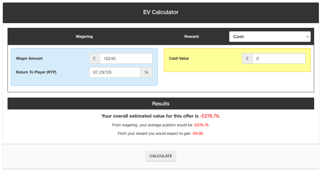 Screenshot of Outplayed EV Calculator showing the EV of wagering £10240 on roulette